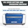A blue and white picture of a laser cutting machine.