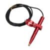 A red pen with black cord attached to it.