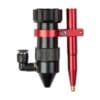 A red and black camera with a pen attached to it.