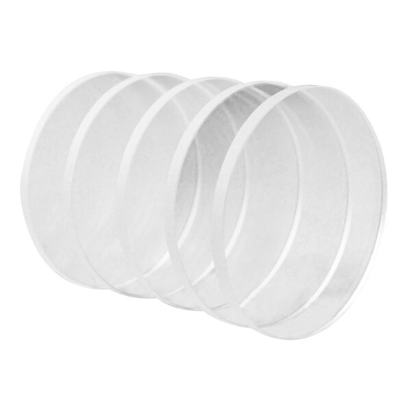 A group of five white plastic plates.