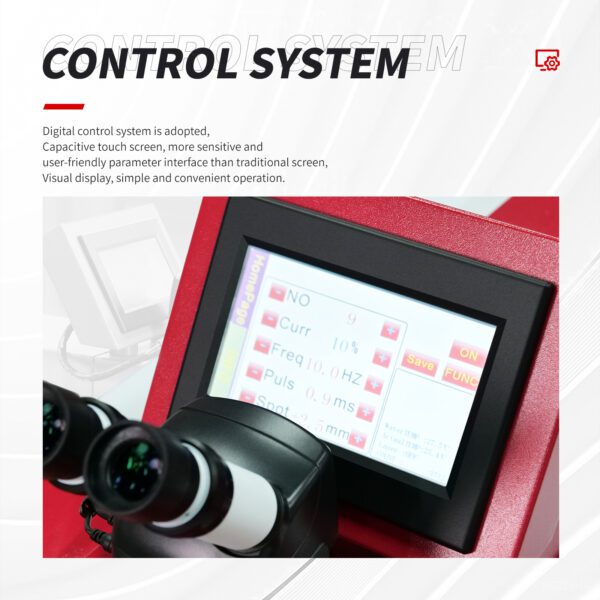 A red and white poster with a control system