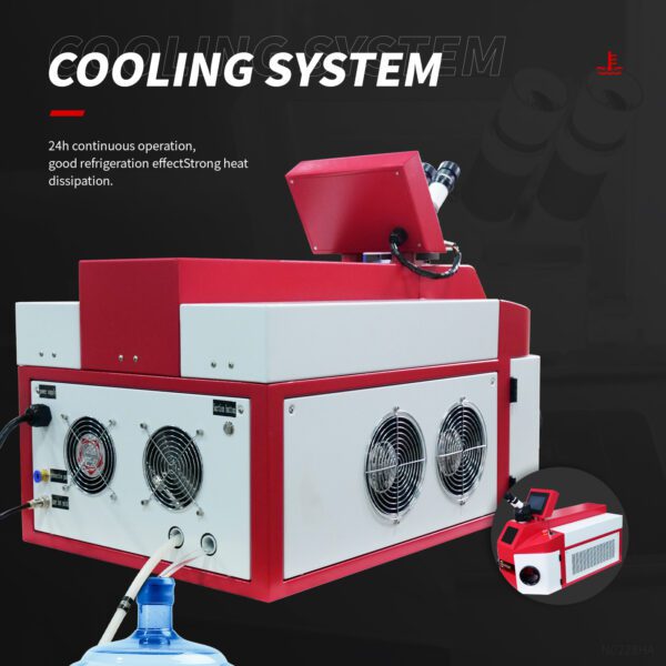 A red and white cooling system with two fans.