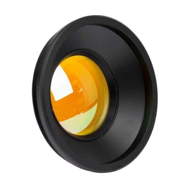 A black and yellow lens is reflected in the mirror.