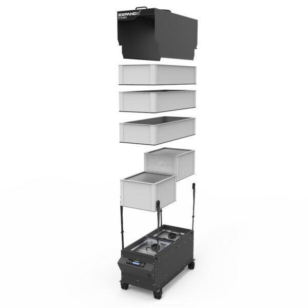 A black and white cart with multiple shelves