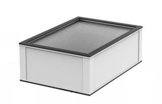 A white box with black trim on top of it.