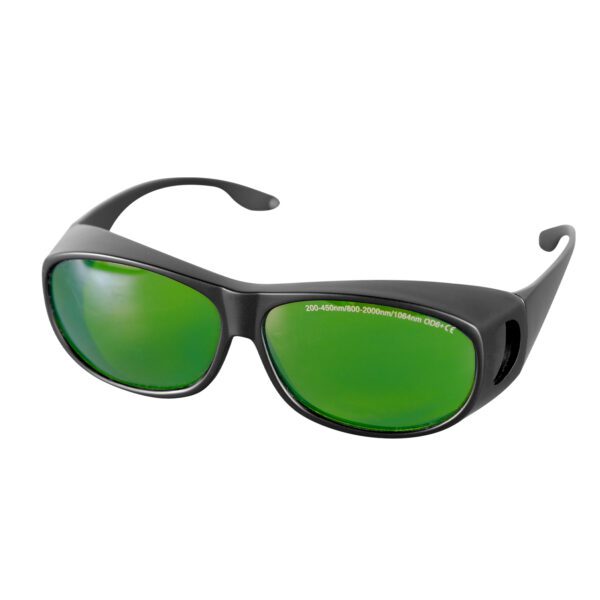 A pair of green glasses with black frames.