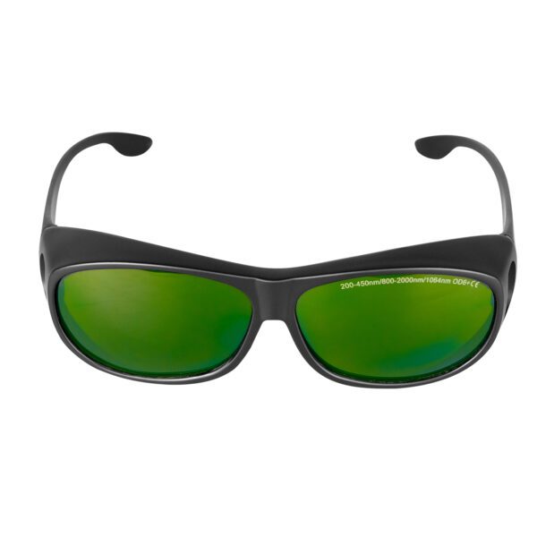 A pair of green sunglasses with a black frame.