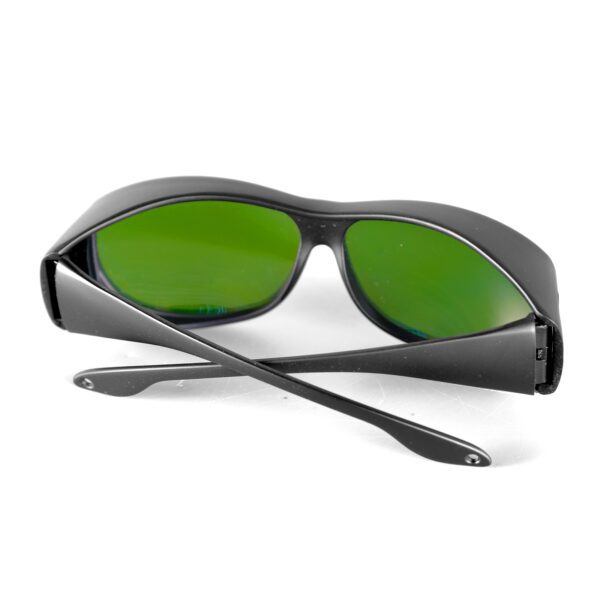 A pair of green glasses with black frames.