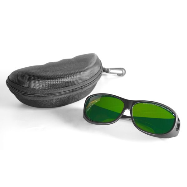 A pair of green glasses and case on white surface.