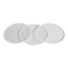 A set of three white plates with one plate empty.