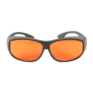 A pair of orange glasses with black frames.