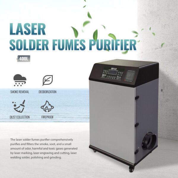 A silver and black machine with the words laser solder fumes purifier