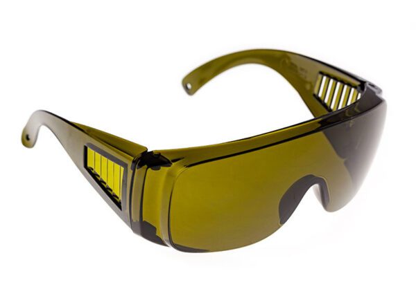 A pair of yellow sunglasses with a yellow strip on the side.