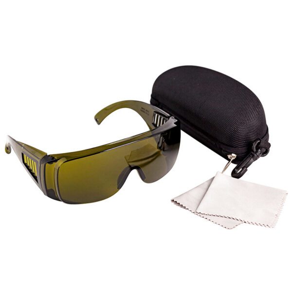 A pair of sunglasses with a case and cleaning cloth.