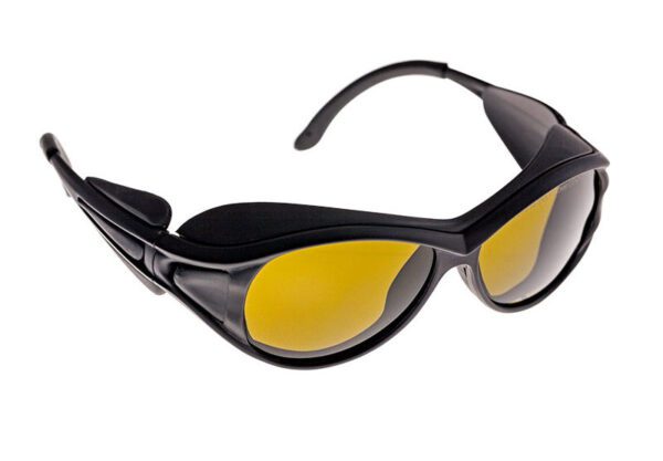 A pair of yellow sunglasses with black frames.