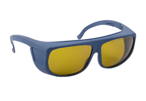 A pair of blue sunglasses with yellow lenses.