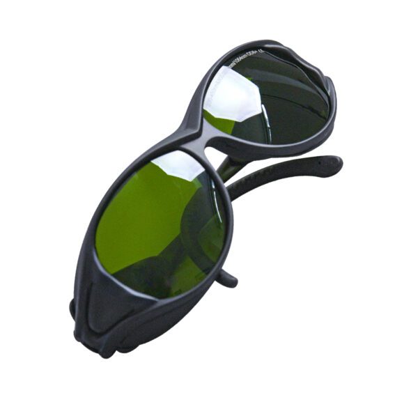 A pair of green glasses with black frames.