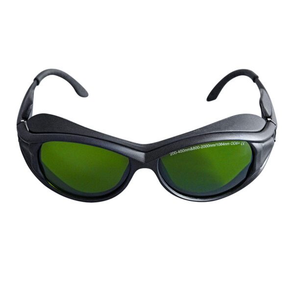 A pair of green glasses with black frames.