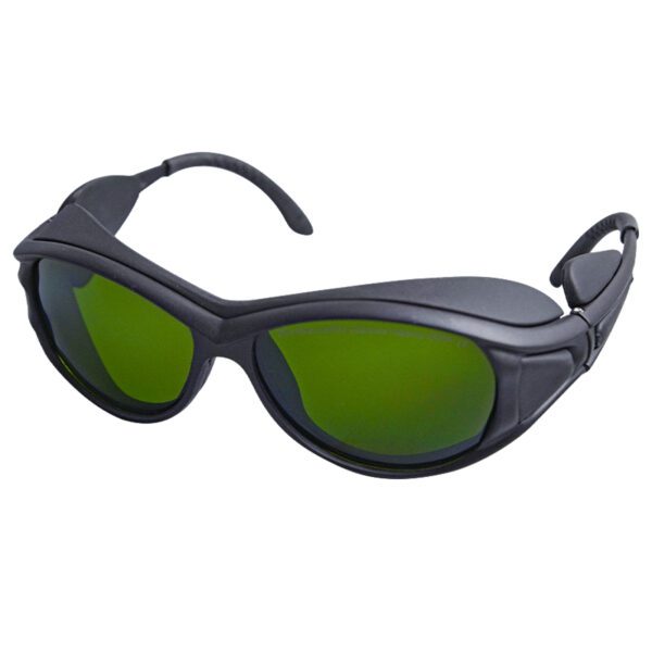 A pair of green glasses with black frames.